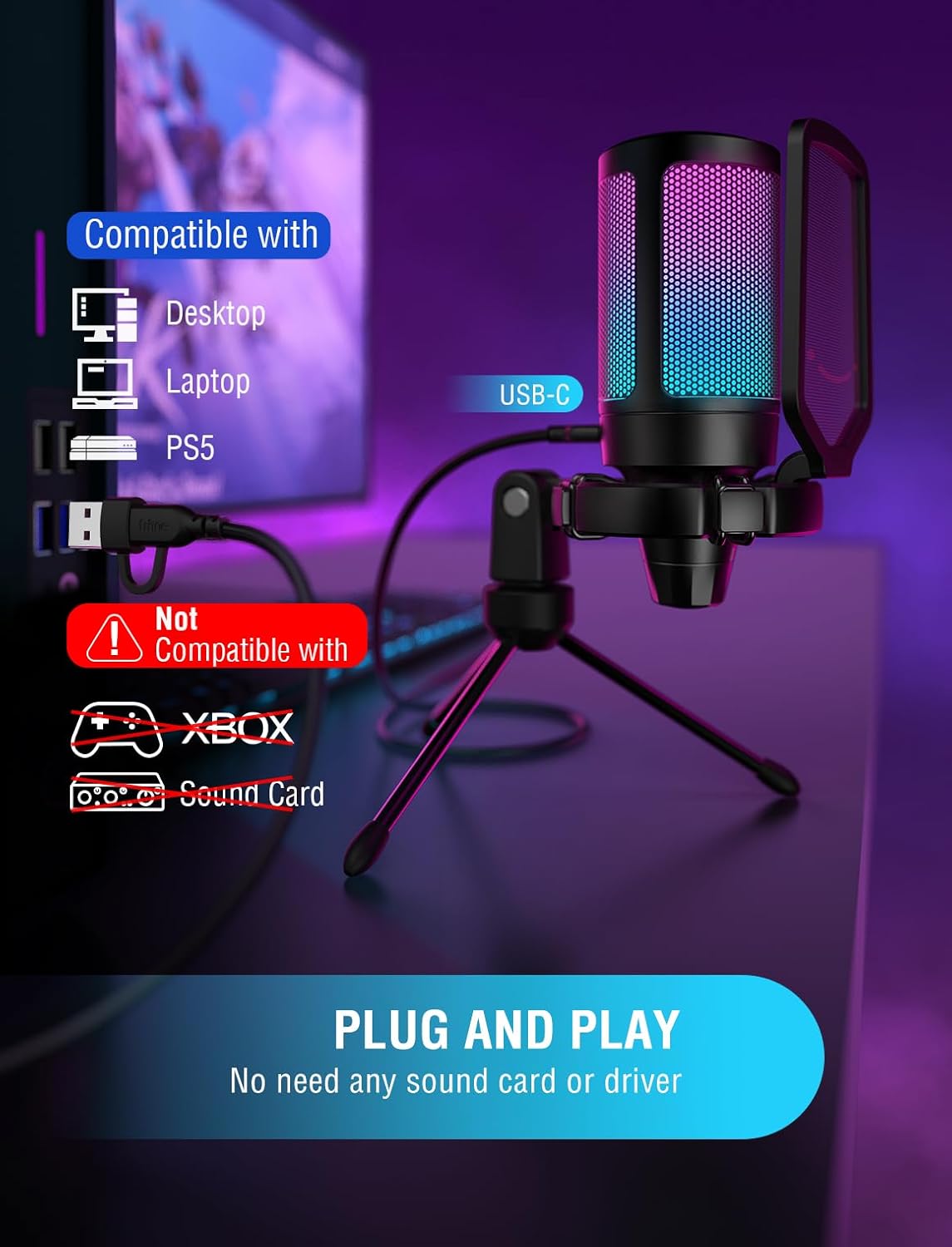 FIFINE Gaming USB Microphone for PC PS5, Condenser Mic with Quick Mute, RGB Indicator, Tripod Stand, Pop Filter, Shock Mount, Gain Control for Streaming Discord Twitch Podcasts Videos- AmpliGame