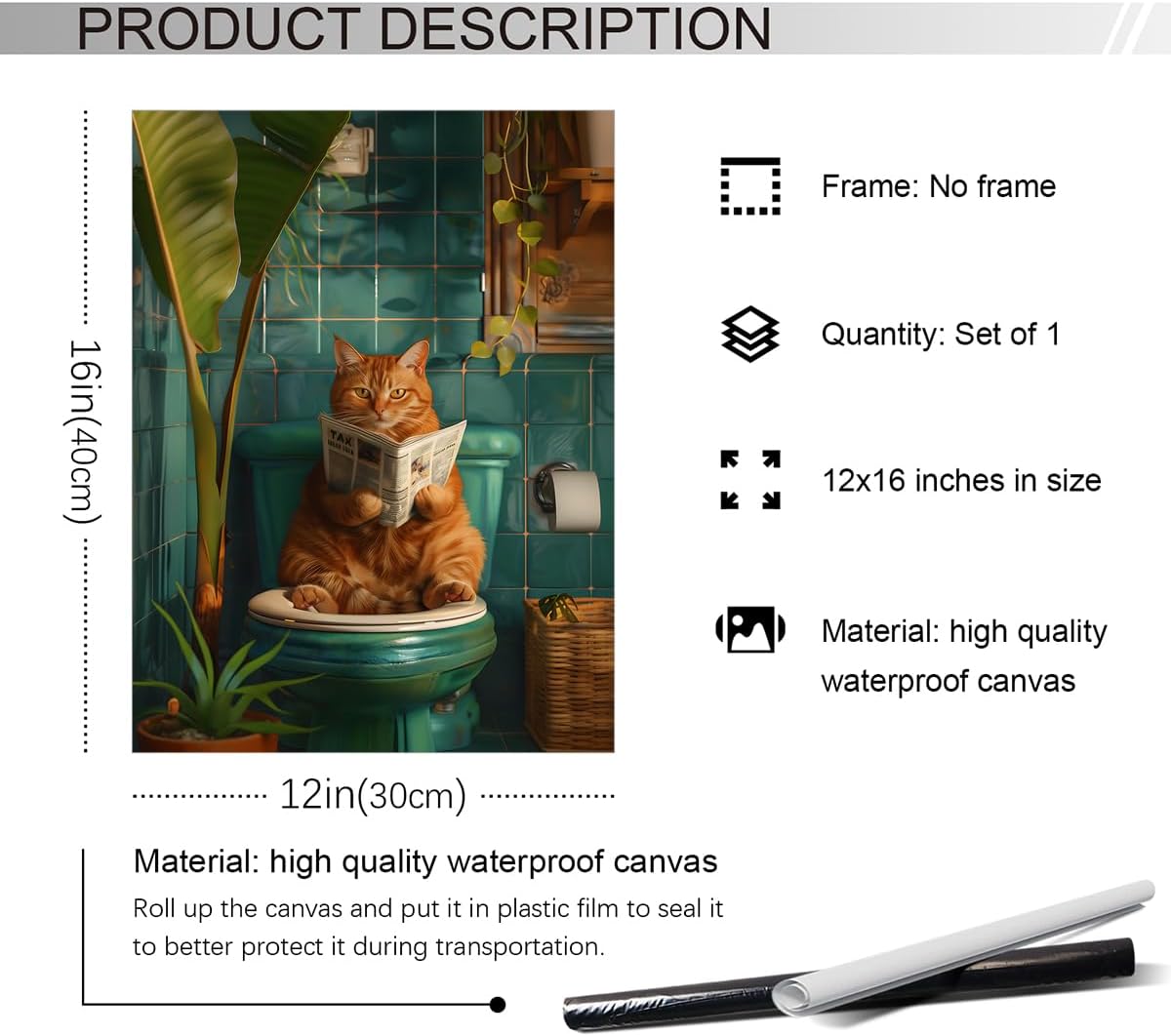 Funny Cat Reading Newspaper on Toilet Canvas Wall Art - Cute Pooping Bathroom Poster Print - Animal Decor 12x16in Unframed