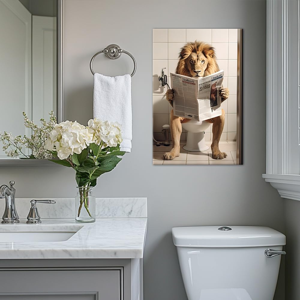 Funny Lion Wall Art Lion Sitting on Toilet Reading Newspaper Canvas Prints Bathroom Animal Picture Paintings Humor Animal Wall Art for Washroom Decor Framed(Animal-3,12.00" x 18.00")
