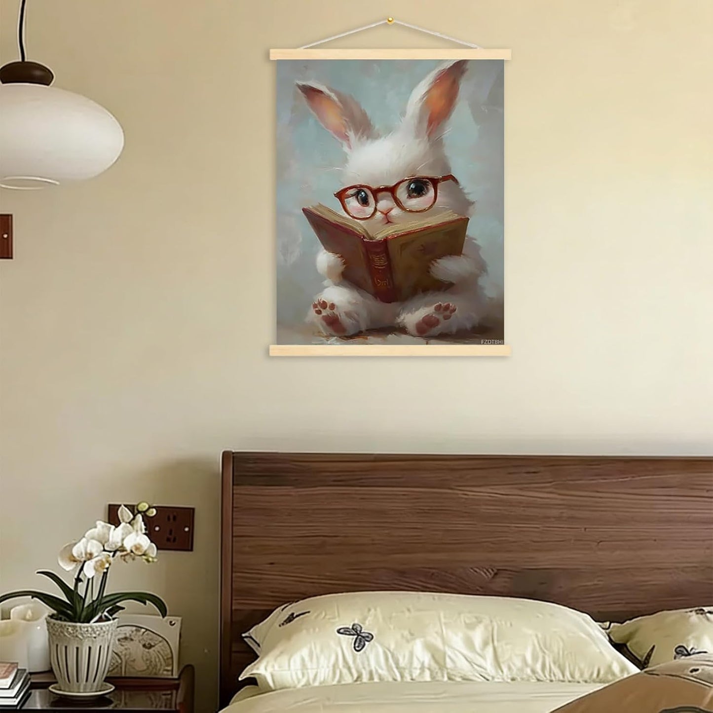 Cute Rabbit Wearing Glasses Reading Book Poster Framed Wall Art Canvas Print Artwork Aesthetic Picture Painting Room Decor for Living Room Office Bedroom Wall Decortion Frame 12x16inch