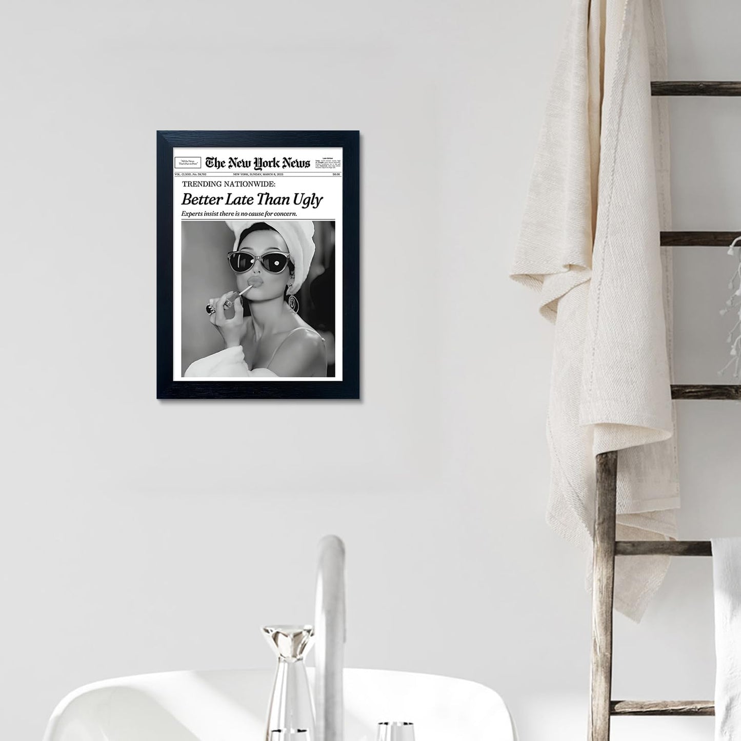 Trends Wall Art New York Poster Audrey Hepburn Wall Art Newspaper Better Late Than Ugly Poster Framed Black and White Retro Aesthetic Canvas Prints Feminist Girl Dorm Room Decor