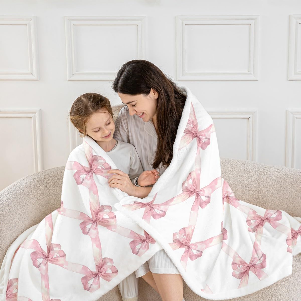 Manfei Pink Bowknot Flannel Blanket Dreamy Princess Style Kids Girls Fleece Throw Blanket for Room Decor,Watercolor Bow Geometric Grids White Bed Blanket for Bed Sofa Couch,Baby 30"x40"