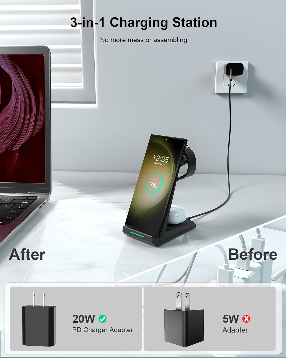 Wireless Charger for Samsung - Nanami 3 in 1 Charging Station for Multiple Devices, Fast Charger Stand for Galaxy S26 S25 S24 S23 Ultra S22 Z Flip Fold 7,Galaxy Watch 6/5/5 Pro/4/3, Galaxy Buds 2 Pro