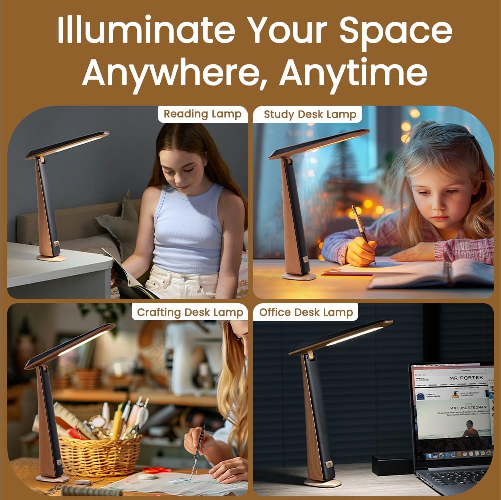 WILIT Foldable Portable Desk Lamp,Battery Operated Rechargeable Lamps Cordless,Eye-Caring LED Table Lamp with 3 Color Temperatures,Stepless Brightness,Desk Lamps for Office Home College Essentials