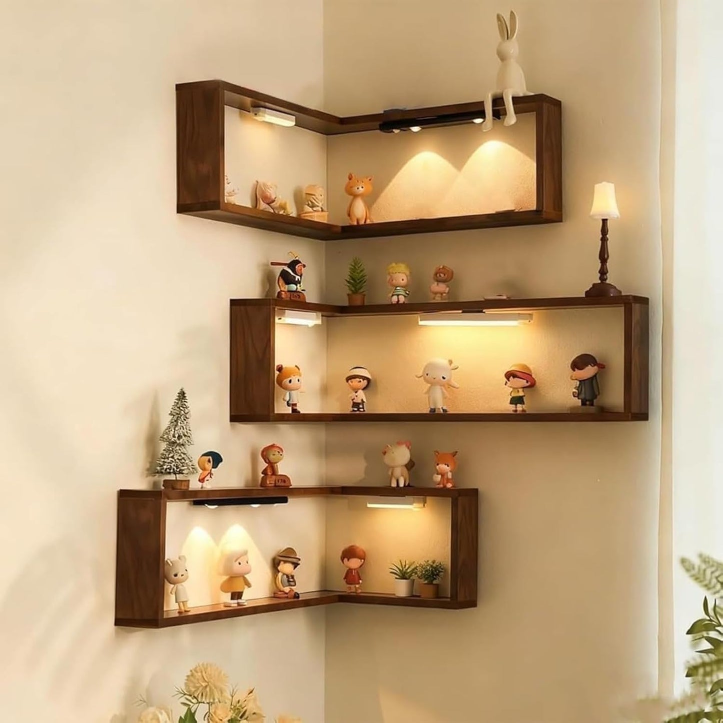 Smart Corner Shelves That Light up Your Space, Set of 3 Corner Floating Storage Shelves,Wooden Wall-Mounted Corner Shelf Display Rack, Space-Saving (Set of 3(LED Light not Included))
