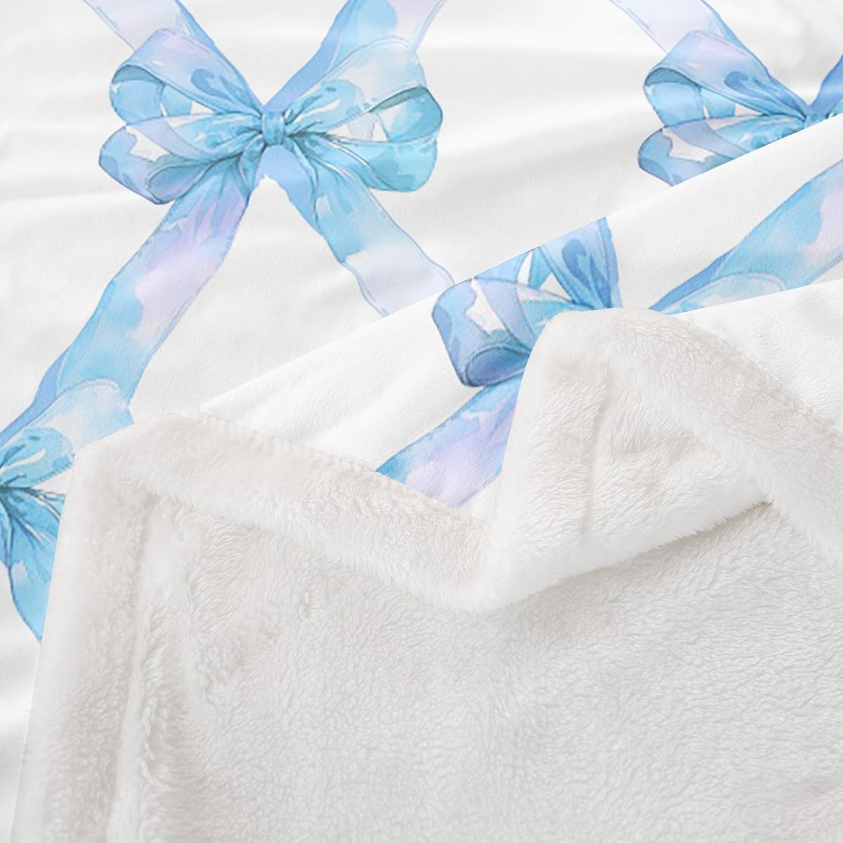 Manfei Cute Bowknot Flannel Blanket,Princess Style Blue Bow Watercolor Girly Fleece Blanket for Room Decor,Geometric Grids Minimalist Dreamy Throw Blanket for Sofa Couch,Throw 50"x60"