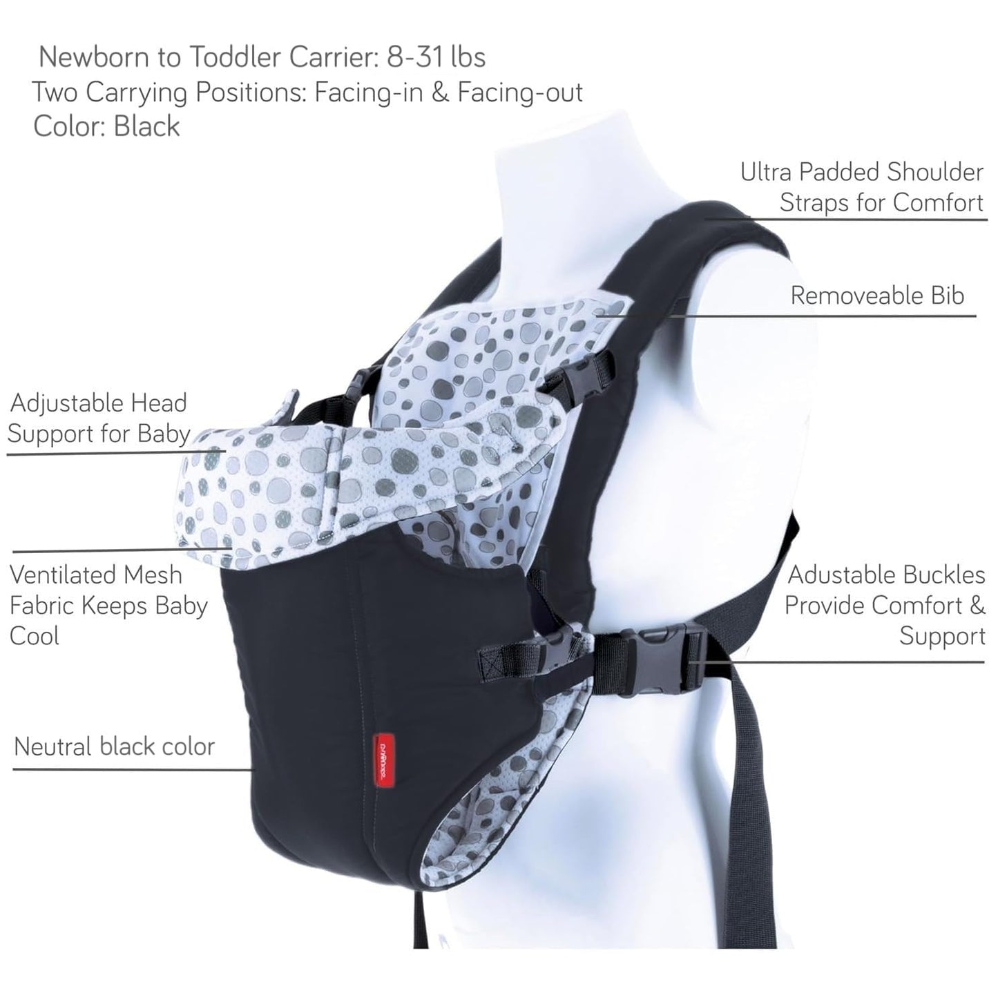 Nuby Classic Baby Carrier: Newborn to Toddler |Face-in and Face-Out Carrier | Black | Lightweight & Comfortable |Removeable Baby Drool Bib | 8-35 lb. (3.6-14 kg)