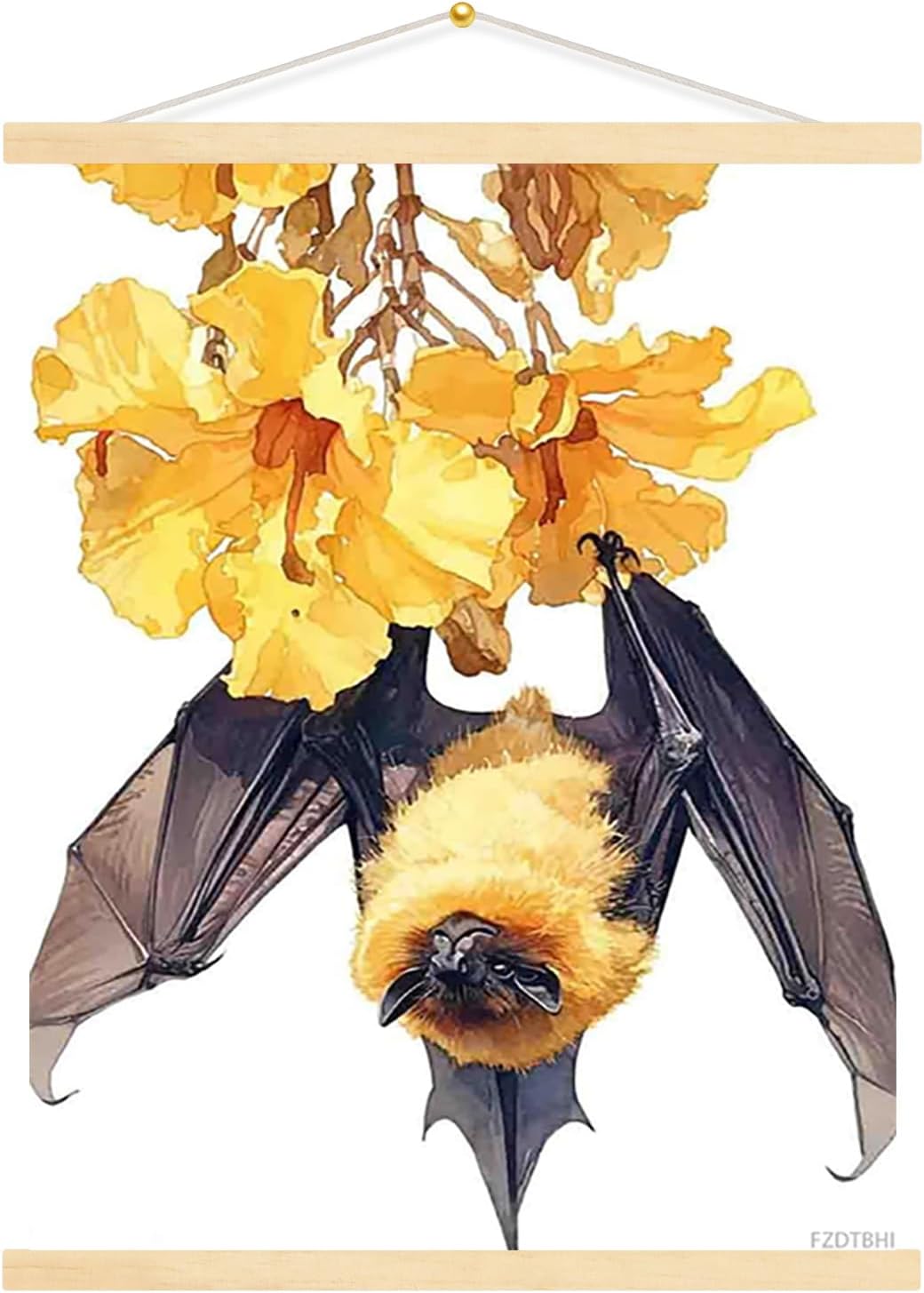 FZDTBHI Golden Crowned Flying Fox, Golden Capped Fruit Bat Watercolor Painting Print for Home, Room, Game room, Reading Room Wall Decor 12x16inch Canvas Print with Frame