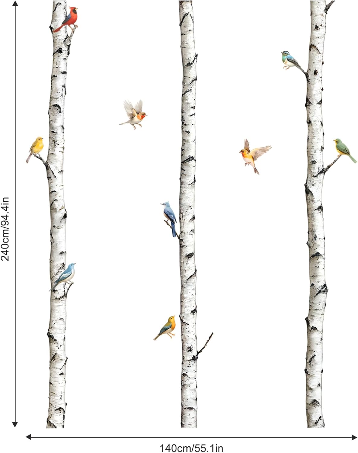 95" Tall Birch Tree Wall Decals 3 White Aspen Trees Flying Birds Wall Stickers Peel and Stick Birch Trunk Wall Art Decor for Bedroom Living Room Kitchen Sofa TV Backdrop