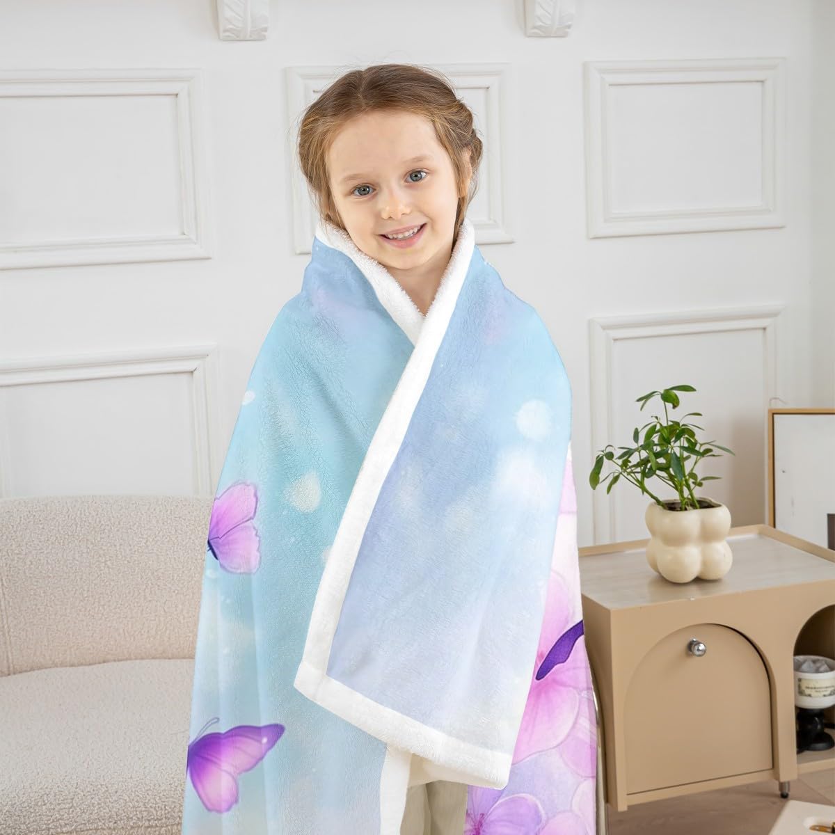 Feelyou Purple Blue Butterfly Fleece Throw Blanket Twin 60"x80" Kids Girls Sherpa Blanket Plush Fuzzy for Bed Couch Chair Living Room, Floral Flower Bed Blanket Cute Watercolor Room Decor