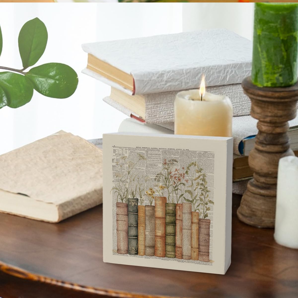 Vintage Book Reading Wooden Box Sign,Retro Floral Book Wall Wooden Decor,Reading Conner Decor for Classroom, Reading Nook Decor, Bookshelf Decor, Library Decor, 5x5