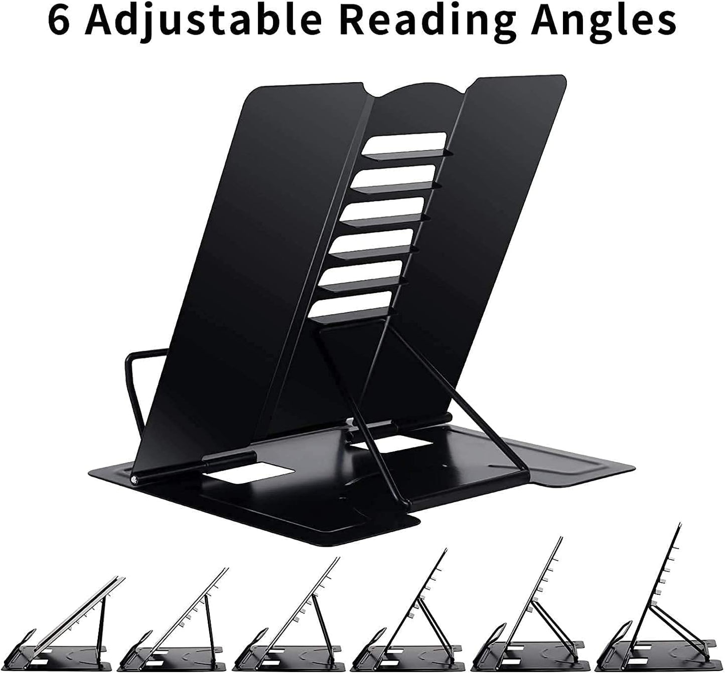 MSDADA 1PC Desk Book Stand Metal Reading Rest Book Holder Adjustable Cookbook Documents Holder Portable Sturdy Bookstands for Recipes Textbooks Tablet Music Books with Page Clips (Black)