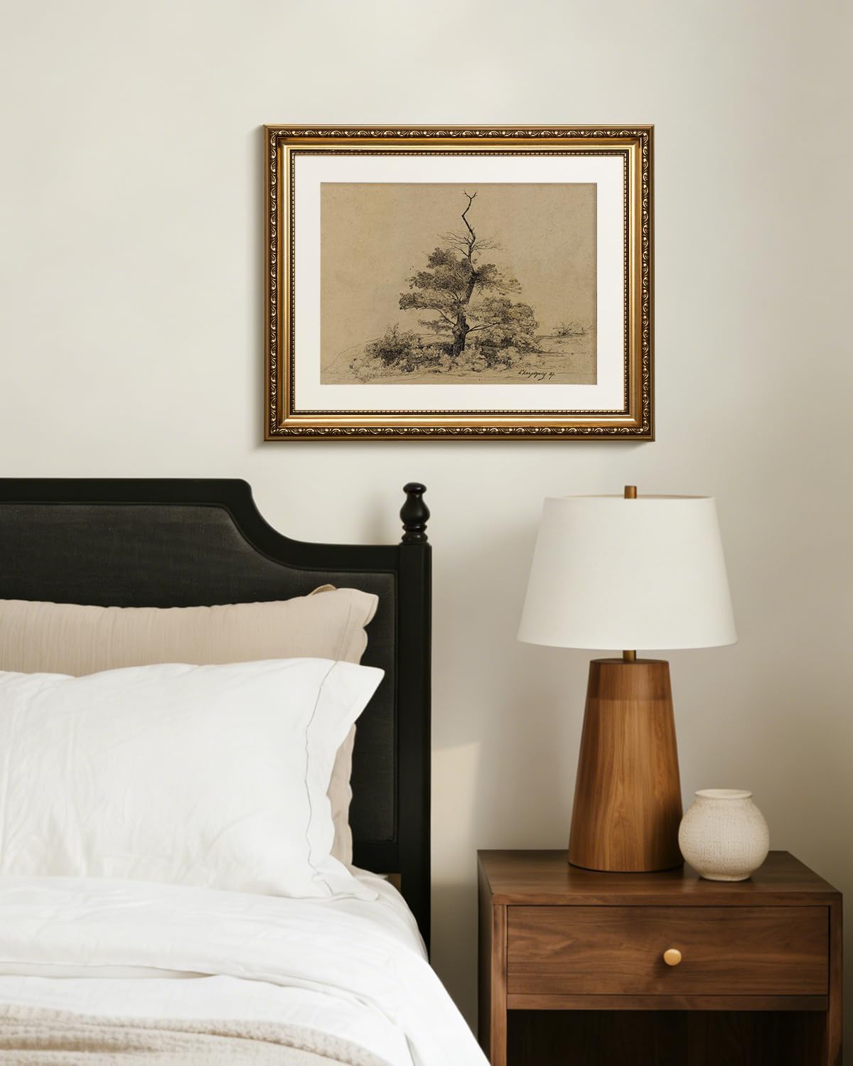 Vintage Gold Relief Framed Tree Sketch Wall Art 13x16 Inch, Classic Landscape Neutral Beige Artwork, Antique Nature Drawing Print Living Room Bedroom Study Office Hallway Farmhouse Home Decor