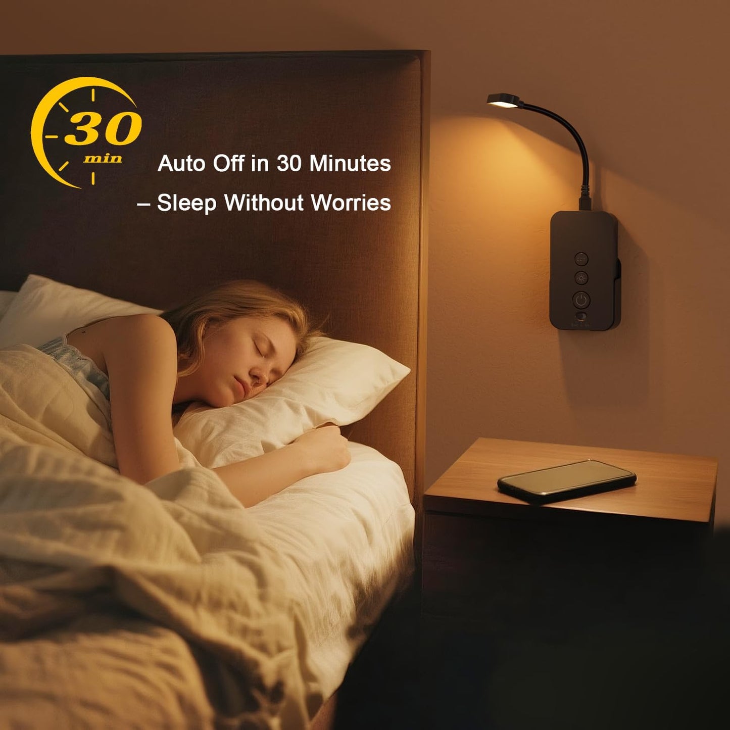 Ellasay Wall Mounted Reading Light: Dimmable LED Book Lights with Timer & Memory - Adjustable Gooseneck USB Powered - Easy Install for Kids Bedroom/Dorm Room/RV 1 Pack (Black)