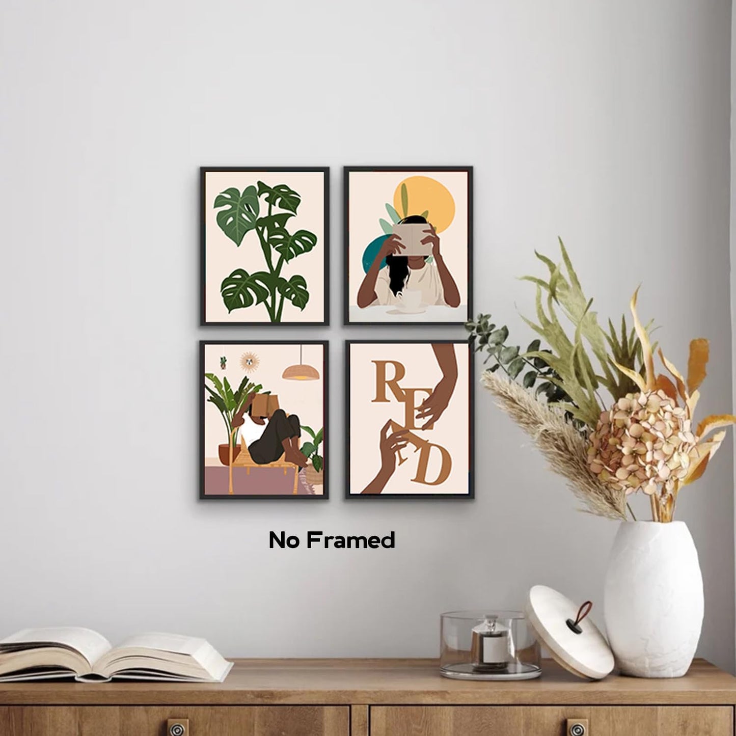 NIIORTY Afro Girl Reading Book Wall Art, African American Wall Art, American Minimalist Boho Canvas Posters for Girls Dorm Room Woman Bedroom Decor, Set of 4-8 x 10 inches, Unframed