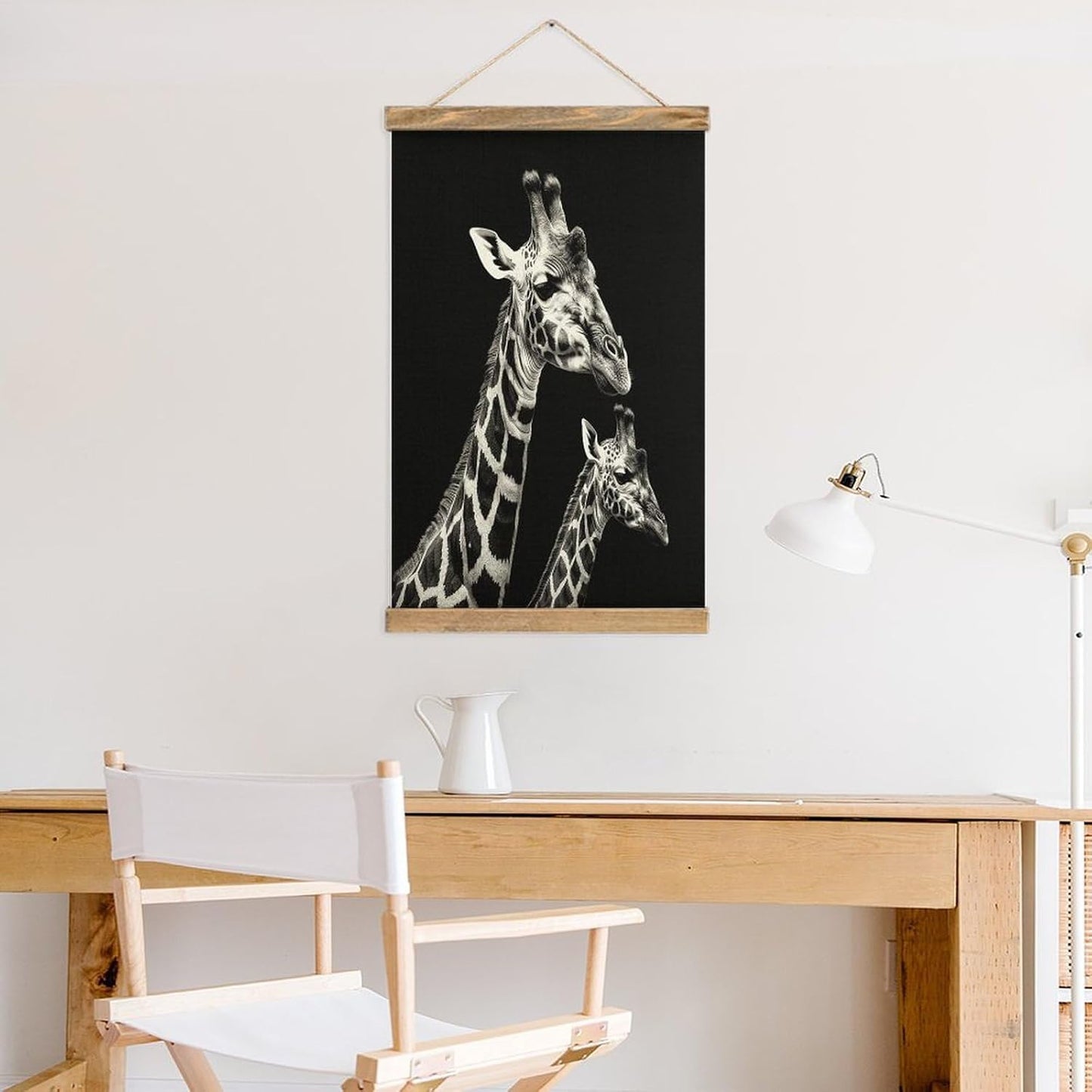 Vintage Black Giraffe Poster with Wooden Frame Personalized Linen Hanging Scroll Painting Rustic Wall Hanging Illustrative Modern Artwork Decor for Home Living Room Bedroom Office