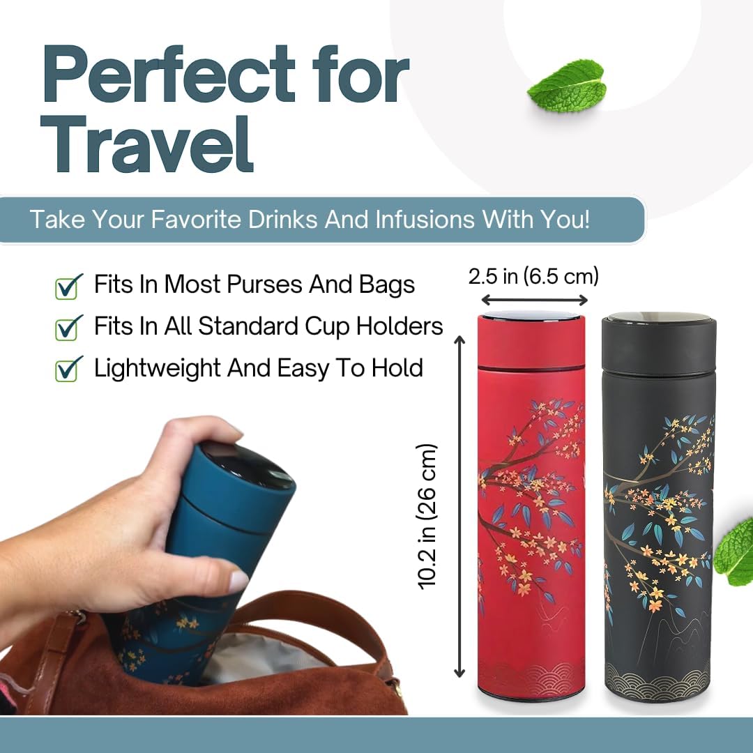 Farasi Tea Infuser for Loose Leaf Tea Smart Water Bottle with Fahrenheit Temperature Display, Stainless Steel Insulated Coffee and Fruit Tea Infuser Bottle - Red Floral Travel Tea Mug 15 oz