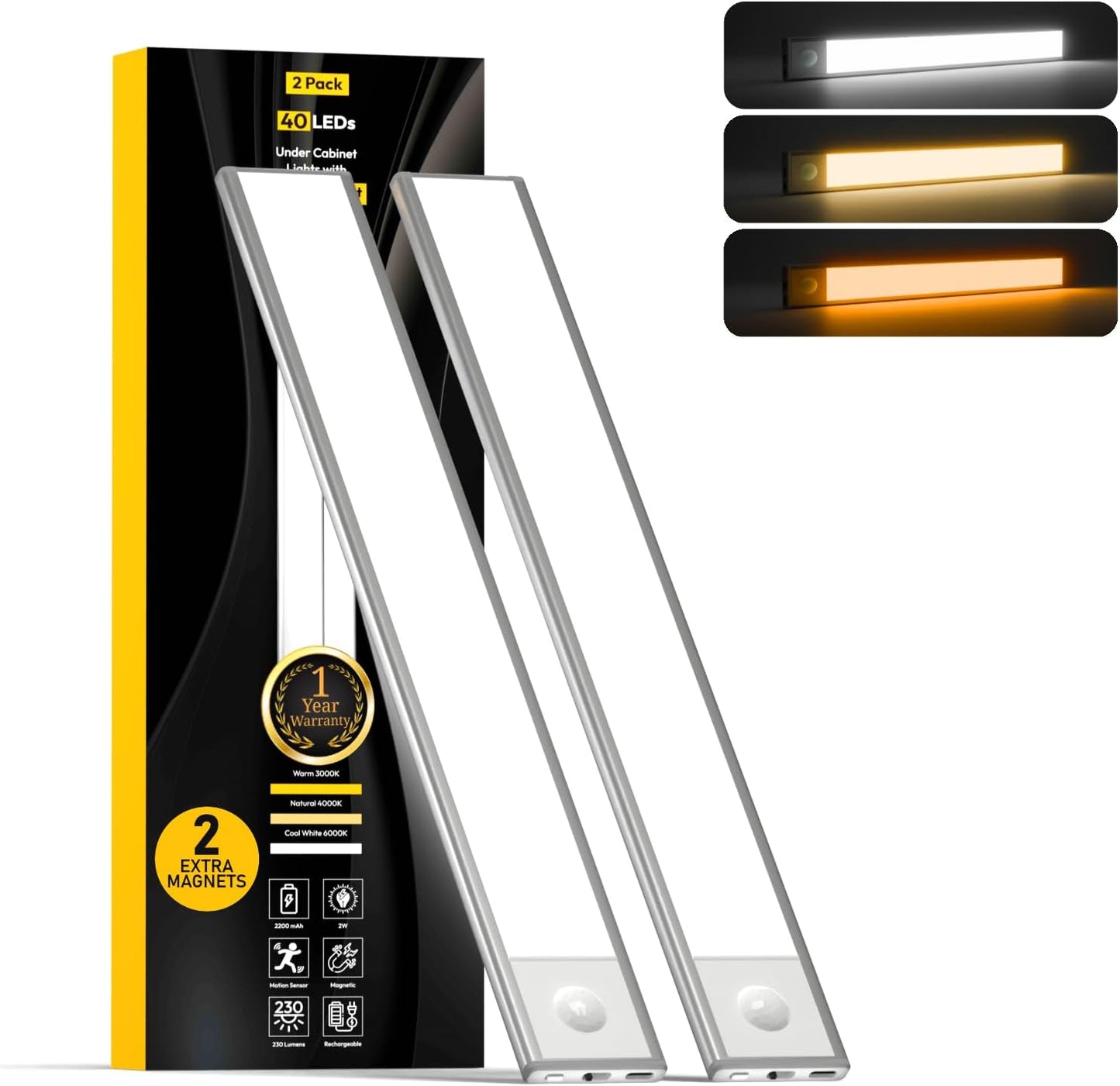 2 Pack Under Cabinet Lights 1500mAh, 40 LED Dimmable Closet Lights with 3 Adjustable Color Temperature, Rechargeable Battery Operated Motion Sensor, Under Cabinet Lighting for Kitchen,Closet (8 Inch)