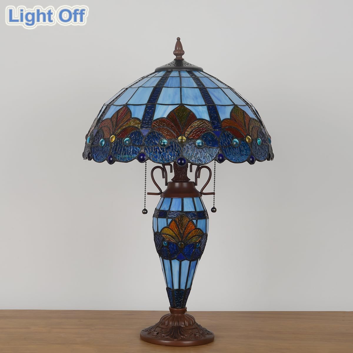 Tiffany Table lamp with nightlight,Blue Stained Glass Desk Light - Antique Style 16” Large 3-Lights Nightstand Bedside Reading Light for Living Room Bedroom Office