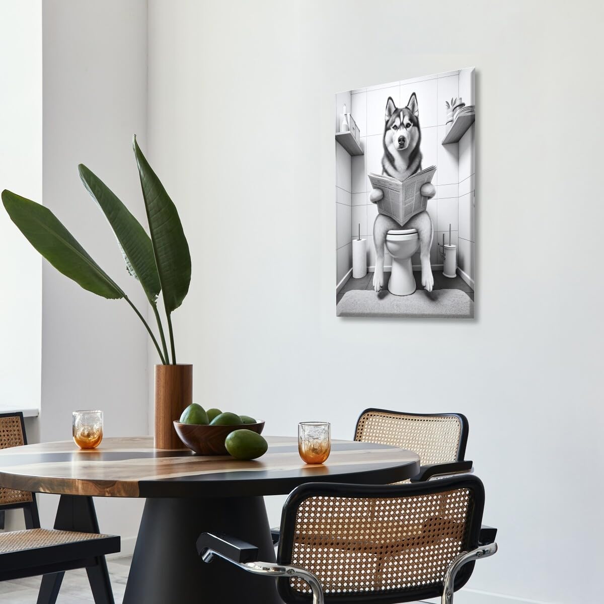 Siberian Husky on the Toilet Reading Newspaper Canvas Print Funny Animal Artwork Prints Aesthetic Posters Home Decor Bathroom Art Wall Decor Unframed12x18inch