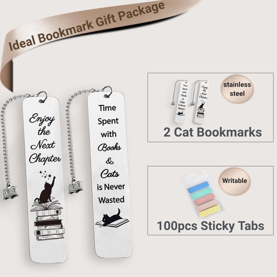Metal Bookmark Gift for Book Lover - 2 Pcs for Women with 100 Page Marker - Cat Mom