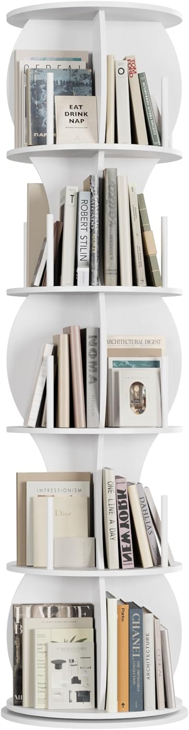 Rotating Bookshelf Tower, 5-Tier Spinning Book Shelf, 360° Revolving Bookcase, Freestanding Corner Bookshelf Organizer for Small Space, Wood Narrow Bookshelf for Living Room, White