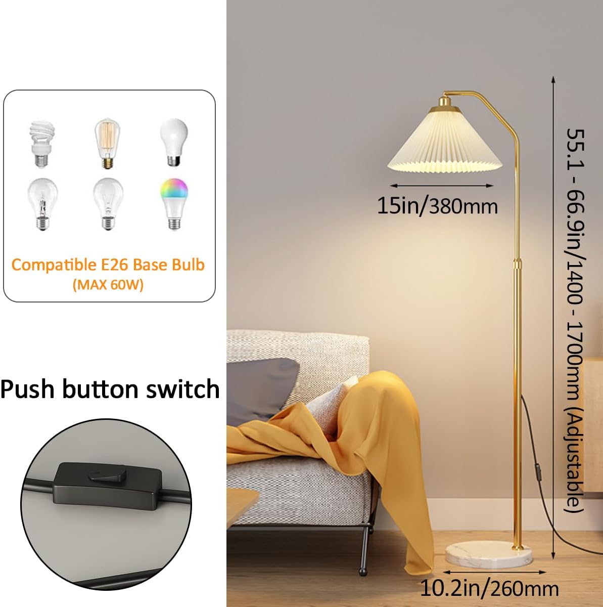 Gold Floor Lamp Adjustable Height Angle Floor Lamps Sofa Side Standing Reading Light Rust-Proof Iron Tall Lights Marble Base Linen Shade Pole Lamp E27 Base for Classroom Dorm Room