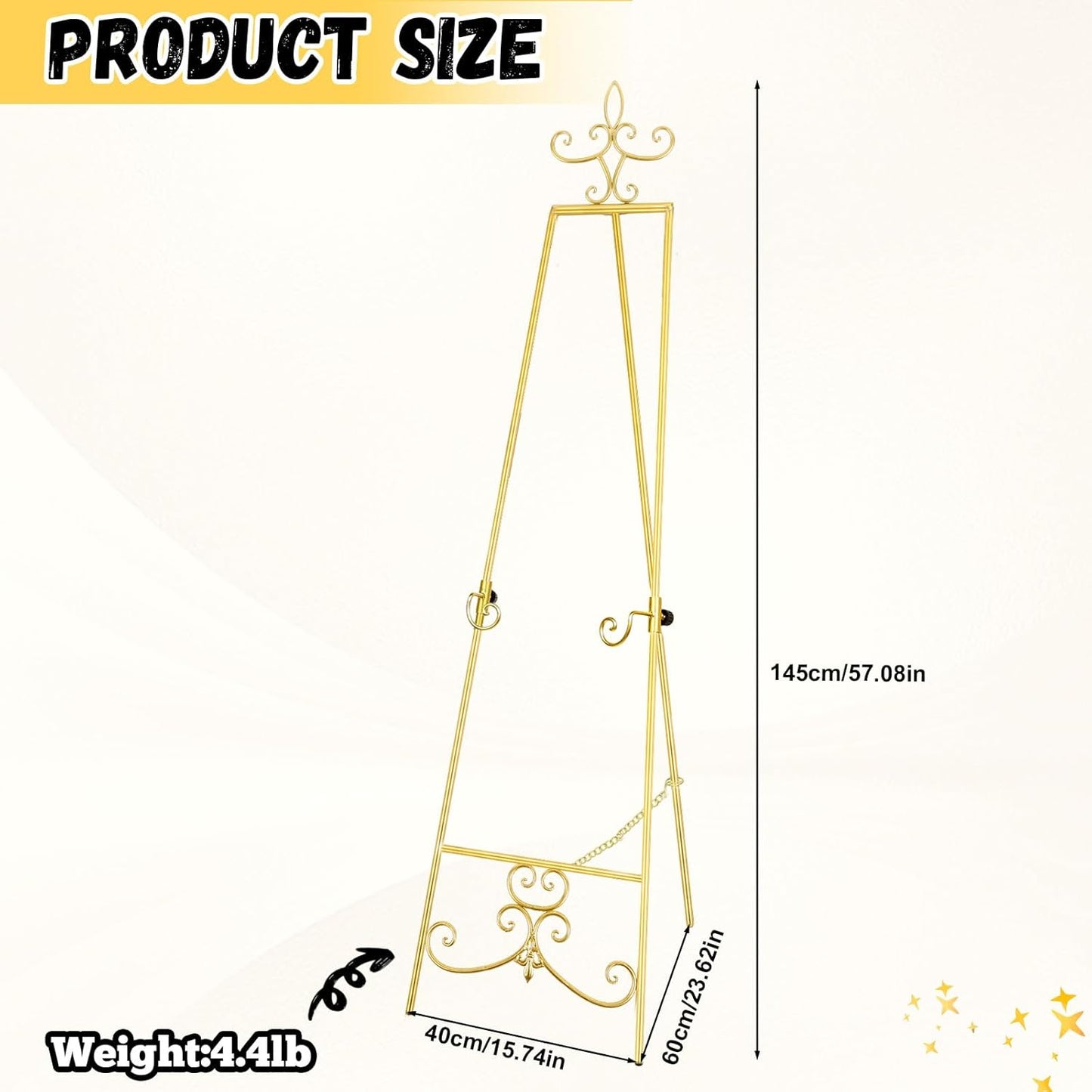 57'' Gold Easel Stand for Sign, Heavy Duty Metal Display Stand with Adjustable Chain, Vintage Decor Art Easel for Display, Picture Frame Stands for Wedding Welcome Sign Posters Painting