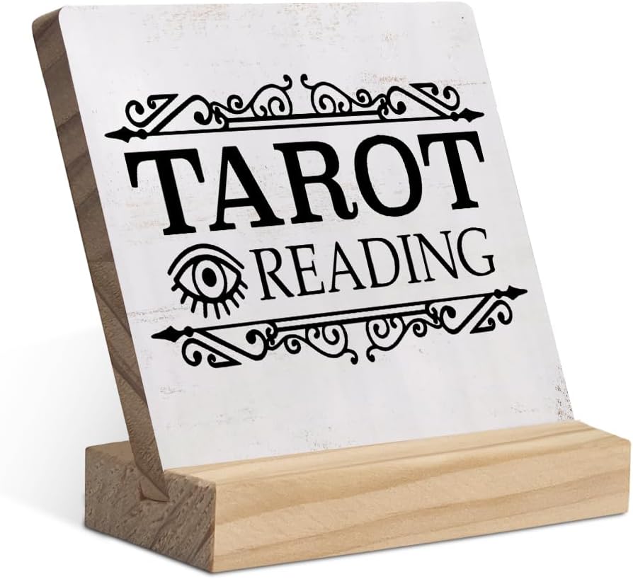 Vintage Tarot Reading Wood Plaque with Wooden Stand,Mystical Arts Psychic Wooden Plaque Sign Desk Decor for Home Dorm Table Shelf Decoration