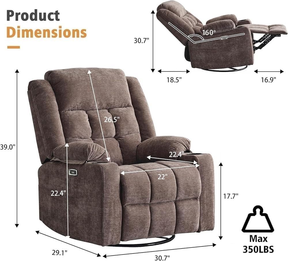 Power Recliner Chair Massage Recliner Sofa Electric Swivel Rocker Chair Ergonomic Single Lounge Sofa Electric Recliner Glider with USB and TypeC Ports for Living Room Reading
