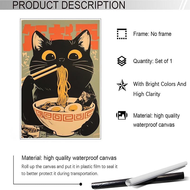 noskisy Vintage Black Cat Eat Tasty Noodle Posters Japanese Cute Cats Canvas Wall Art Period Ramen Cat Lovers Prints Painting For Kitchen Home Bedroom Dorm Wall Decor 8x12in Unframed