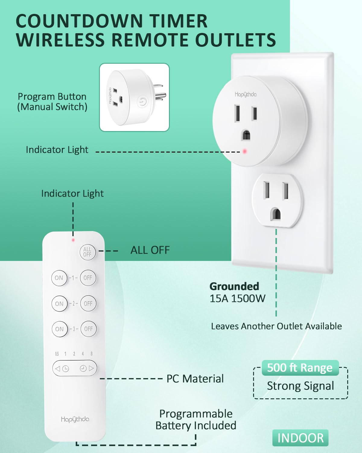 Remote Control Outlet Plug with Countdown Function, 15A/1500W, 500 Feet RF Range Wireless Light Switch, No Wiring Needed Remote Outlet for Small Electrical Appliance,3 Outlets & 1 Remote