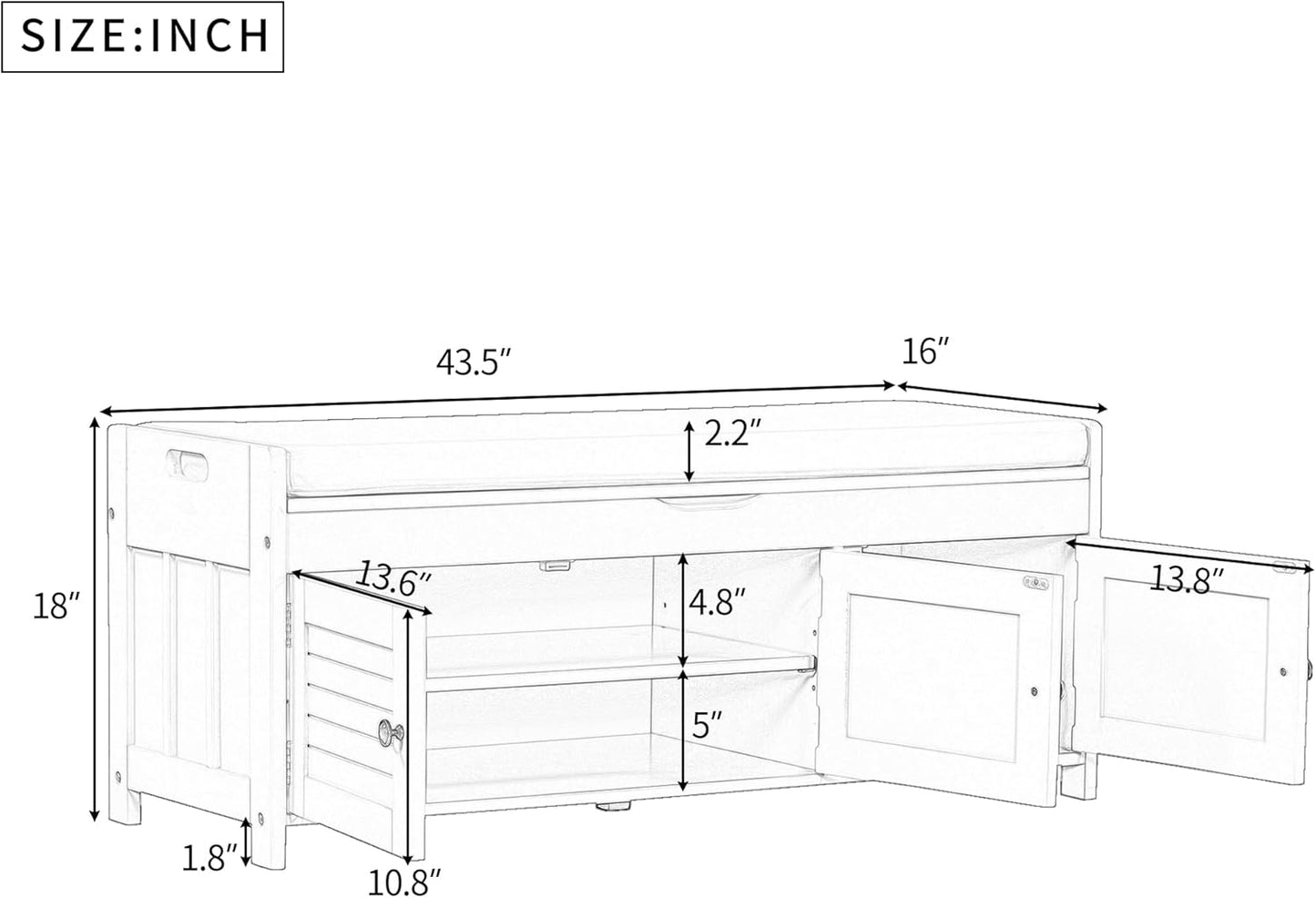 Wood Storage Bench 3 Shutter-Shaped Doors,Multifunction Shoebox,W/ 2 Size and Removable Cushion & Hidden Savings Space,for Entryway,Bedroom,Living Room,Gray Wash