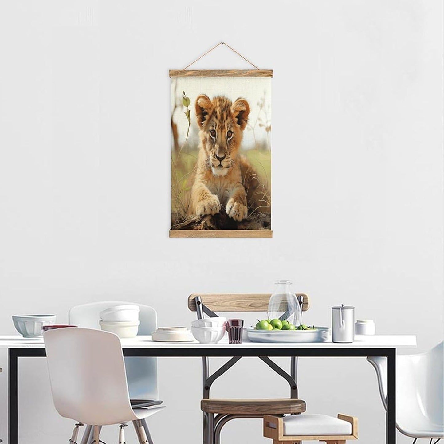 Vintage Cute Little Animal Lion Poster with Wooden Frame Personalized Linen Hanging Scroll Painting Rustic Wall Hanging Illustrative Modern Artwork Decor for Home Living Room Bedroom Office