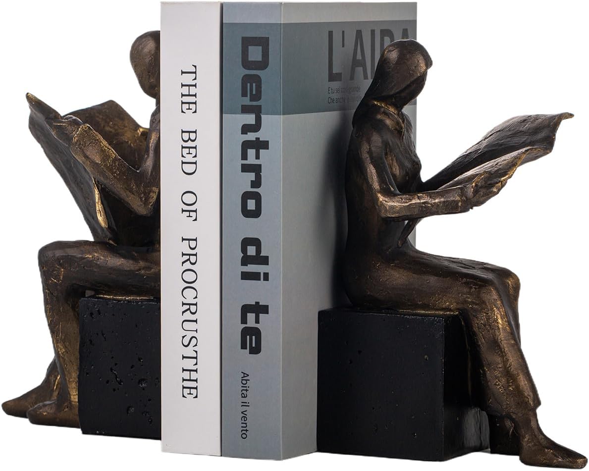 Lukitas Decorative Newspaper Reader Bookends, Heavy Duty Book Holder Non-Slip, Vintage Home Décor Accessories for Study Office Bookshelf, Bronze, Resin, 1Pair/2Piece 8''