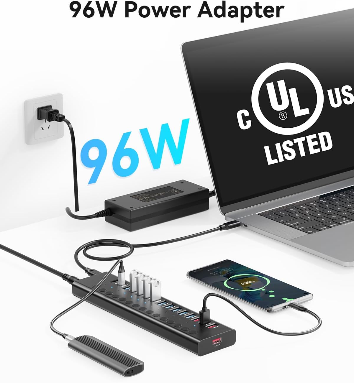Powered USB Hub, AGEEN 16-Port USB 3.0 Hub (10 USB-A 3.0+2 QC 24W Fast Charging+2 Smart Charging+2 USB-C 3.0 Ports), 12V/8A 96W UL Certified Power Adapter for PC, Laptop, HDD, Flash Drive (16-Port)