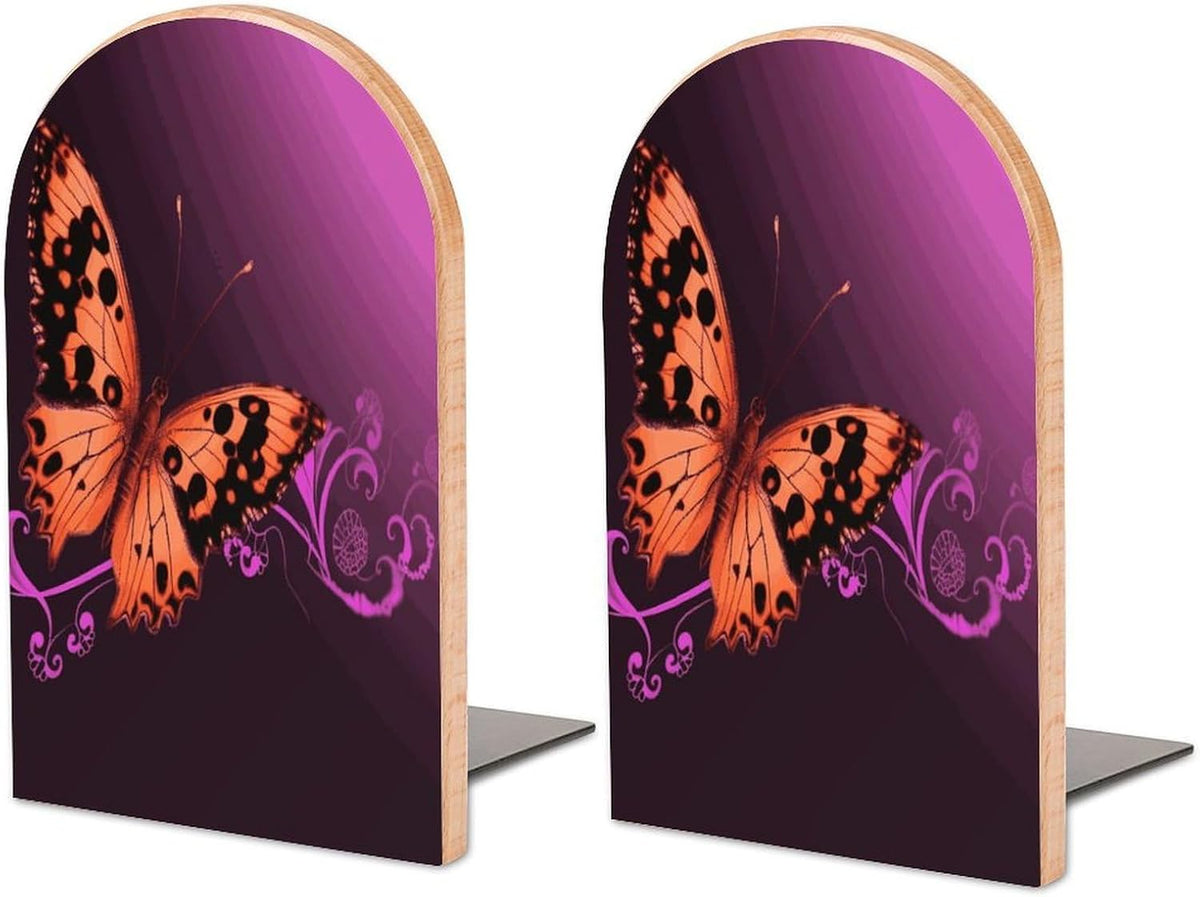 Non-Slip Bookend for Shelves Nice Butterfly Wooden Bookends with Metal Base Decorative Book Stopper for Home Heavy Duty Wood Book Storage for Books/CDs