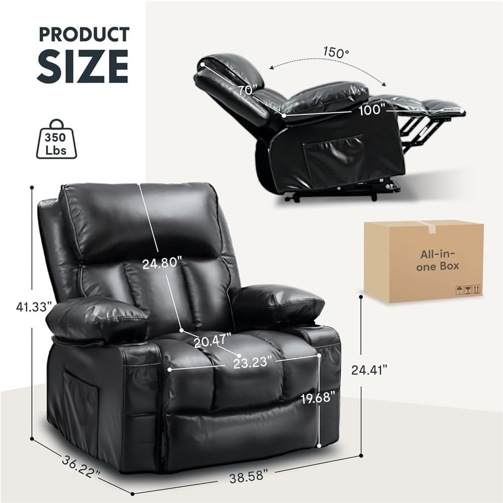 Electric Lift Recliner Chair for Seniors Adjustable Power Lift with Heat & Massage, Leather Upholstery, Dual Cup Holders, Side Storage Pockets, Ergonomic Back & Leg Support Elderly Power Recliner