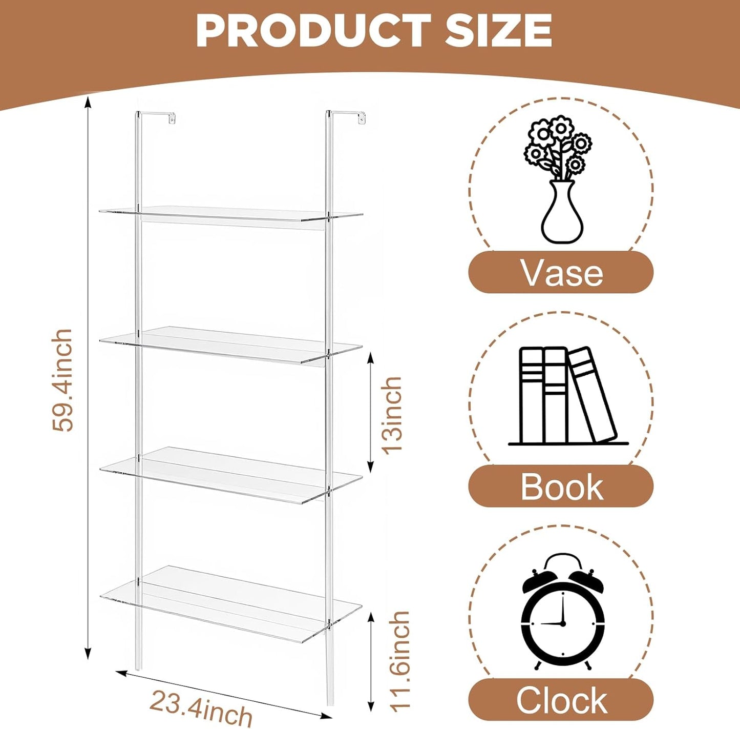 Acrylic Ladder Bookshelf Clear Wall Mounted Book Shelf 11.6" D X 23.4" W X 59.4" H, 4 Tier Shelf Sturdy Open Display for Living Room Bathroom Office