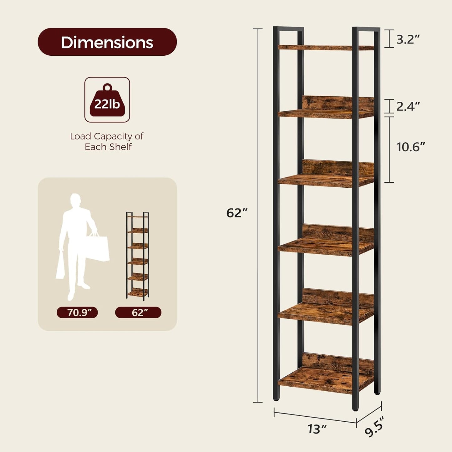 Bookshelf, 6-Tier Bookcase, Standing Book Shelf for Small Space, Storage Shelf Organizer, for Living Room, Bedroom, Study, Balcony, Rustic Brown and Black BKHR6601