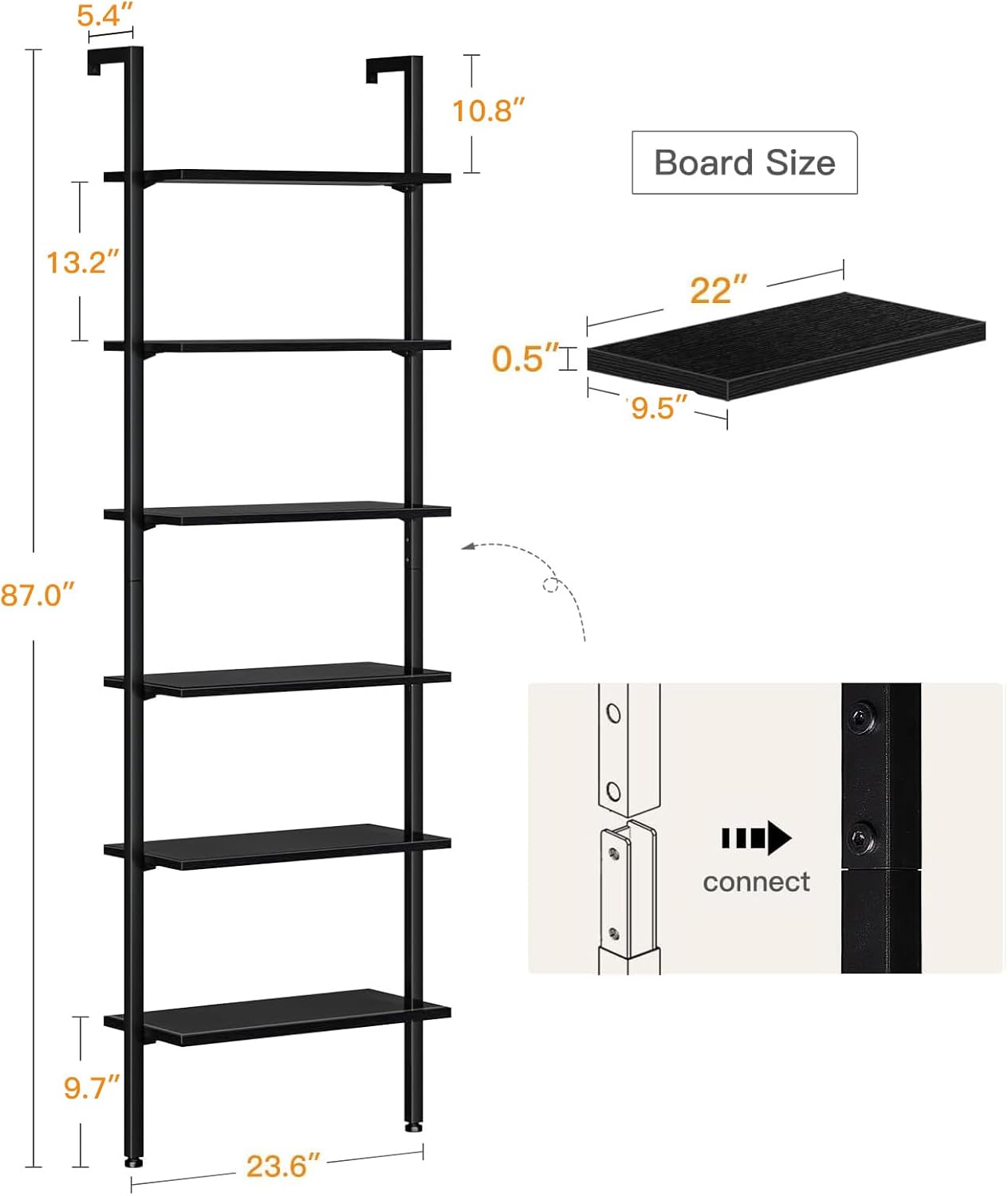 ODK 6-Tier Ladder Shelf, Book Shelf with Metal Frame, Bookcase for Living Room, Home Office, Kitchen & Bedroom, Space Saving Freestanding Organizer Rack, Black (10" D x 24" W x 87" H)