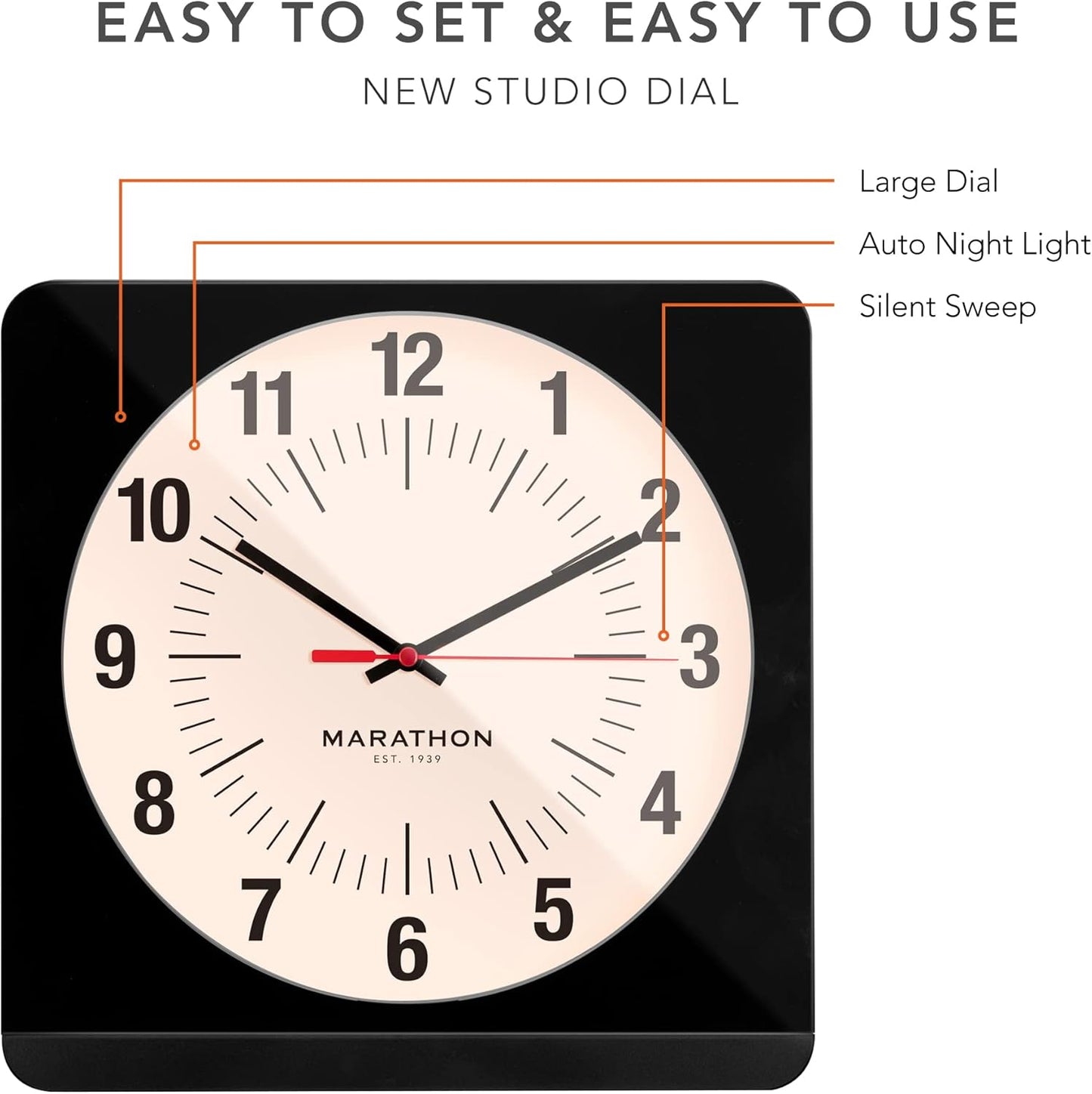MARATHON 12 Inch Analog Wall Clock with Auto Back Light and Non Ticking Silent Sweep (Black & White - Commercial Edition)