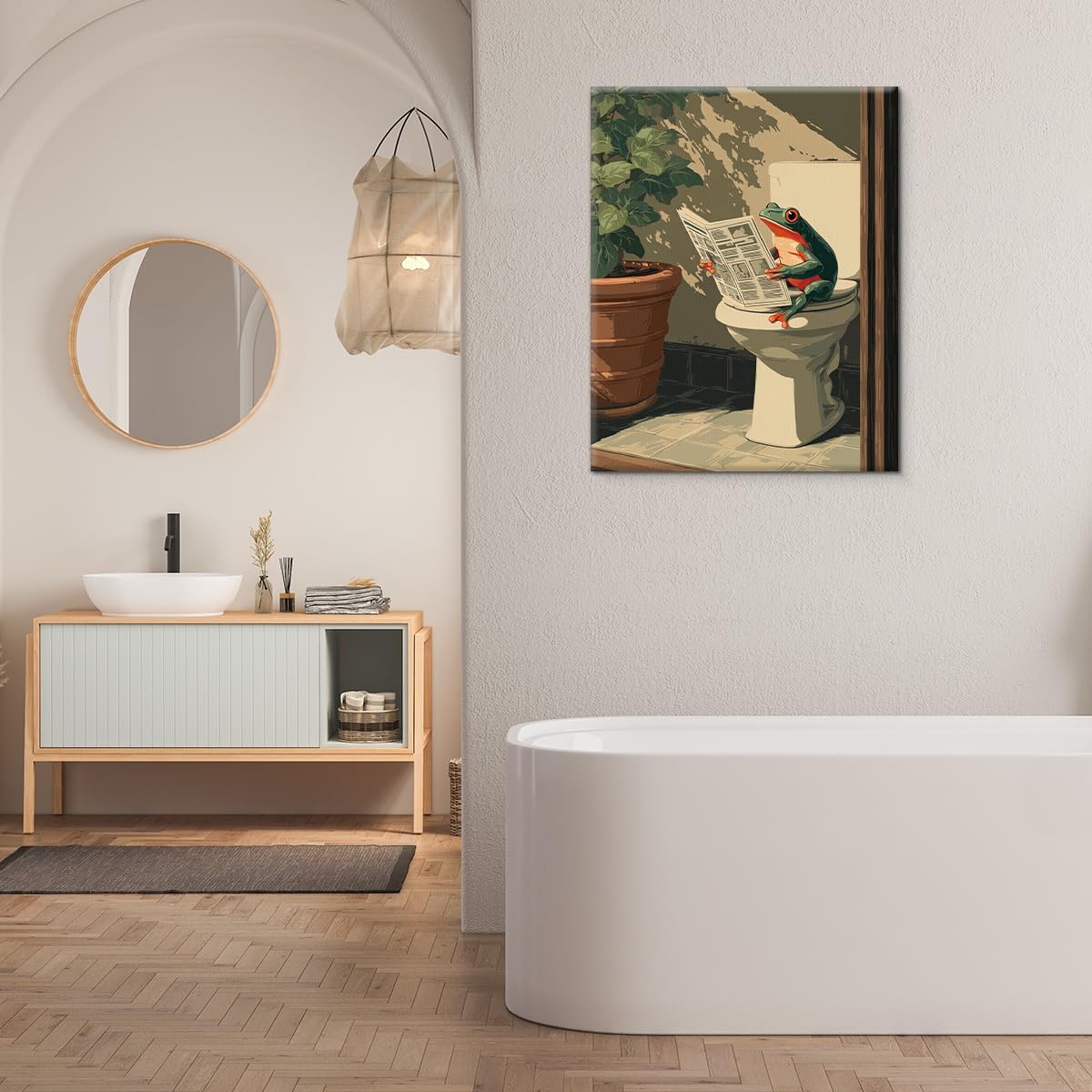 Funny Frog Print Bathroom Wall Art - Frog Reading Newspaper on Toilet Picture Poster Artwork Vintage Bathroom Wall Decor 8x10 Canvas Framed