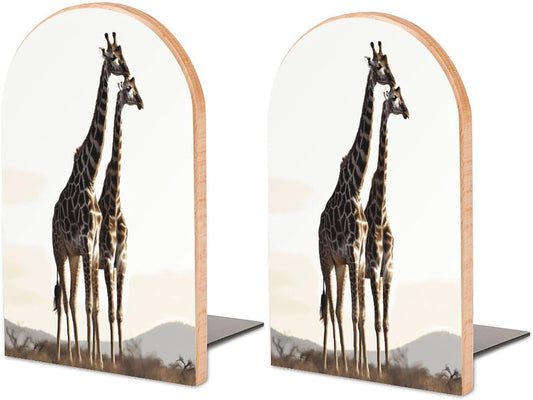 Non-Slip Bookend for Shelves African Giraffe Wooden Bookends with Metal Base Decorative Book Stopper for Home Heavy Duty Wood Book Storage for Books/CDs