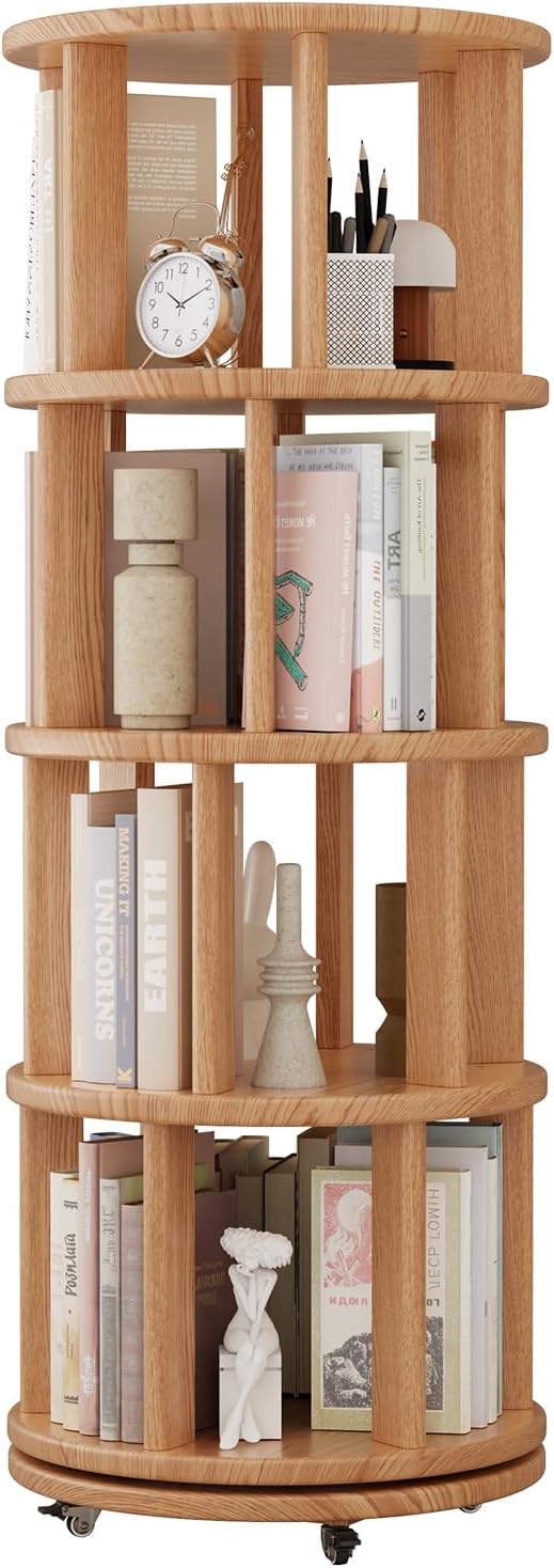 Mobile Rotating Bookshelf with Wheels - Solid Wood 360 ° Rotating Bookcase 4 Tier Revolving Bookshelf Spinning Bookcase Tower Corner Shelf for Small Space