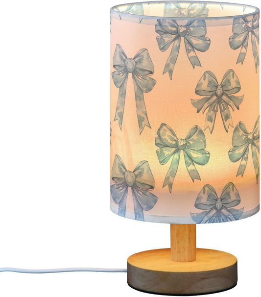 Bedside Table Lamp Blue Bows Printed Nightstand Lamp with Wood Desk Lamps for Bedroom Living Room Nursery Office Home Decor