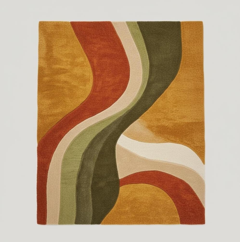 Retro Wave Area Rug, Multicolor Abstract Curved Stripes, Mustard Yellow Rust Orange Olive Green Cream, Modern Bohemian Style (12 * 18 feet)