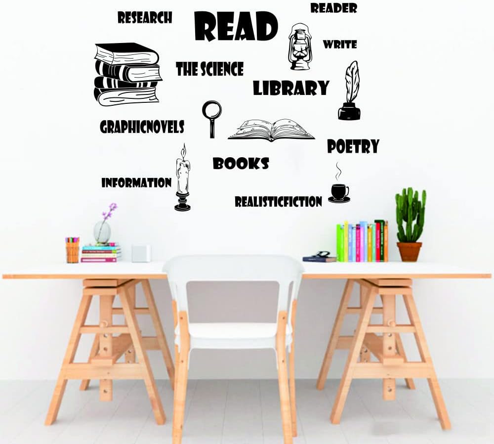 Reading & Learning Quotes Wall Sticker - PVC Removable Wall Art with Candle, Coffee, Pen & Lamp for Study, Classroom & Student Room Decor - 26"x36" Size (black-JWH275-reading)