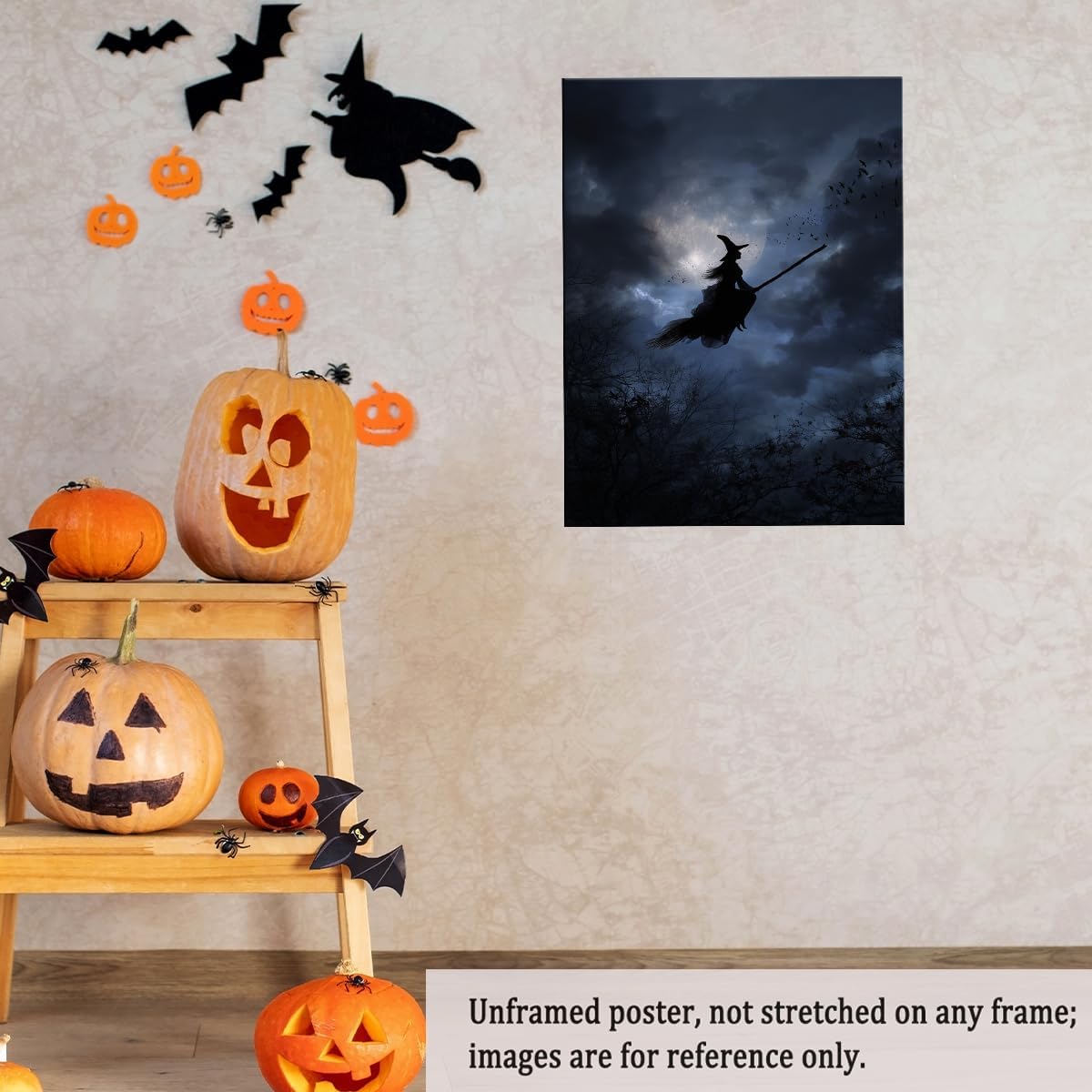 Witch Flying Across Full Moon Night Poster – Dark Halloween Canvas Print with Silhouette, Spooky Sky and Forest Trees for Gothic or Moody Room Wall Decor-12x16Inch Ready to Hang(Unframed)