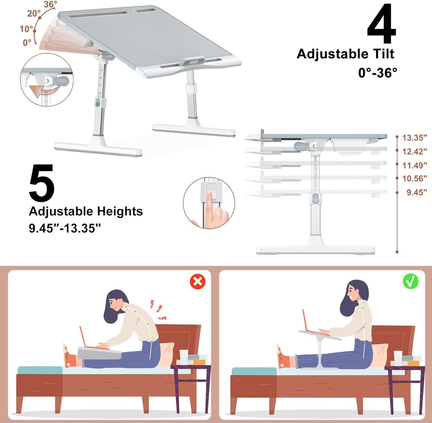 Laptop Stand for Bed, Potuopy Leather Adjustable Bed Desk Table Tray, X-Large Folding Lap Desk with Drawer for Eating Writing Drawing Working on Couch Floor, Grey